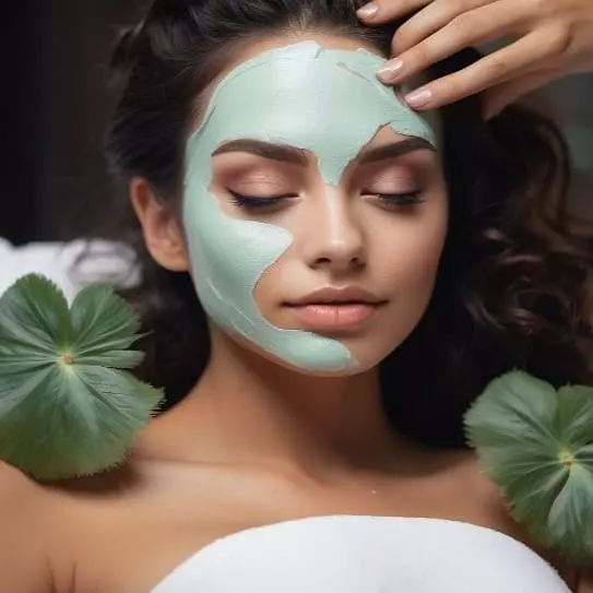 Mulher com uma máscara recebendo uma massagem facial